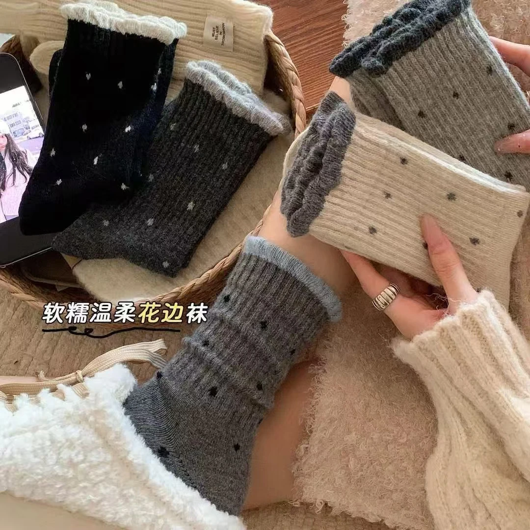 【买5双送3双】波点袜女中筒秋冬季温柔花边百搭长筒复古女袜