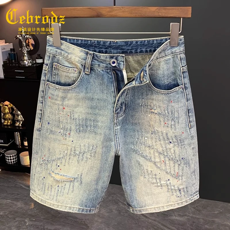 法国Cebrodz百搭破洞牛仔短裤男潮流夏季ins五分裤复古男士中裤子