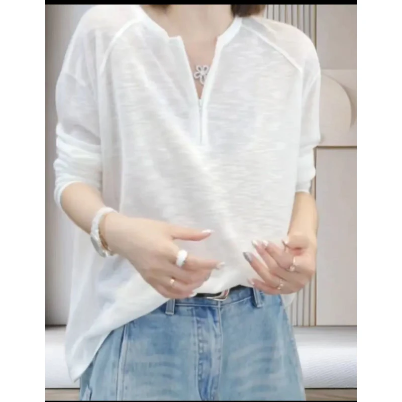 【季尾青仓】夏季圆领百搭防晒薄款宽松显瘦慵懒风时尚长袖上衣2533
