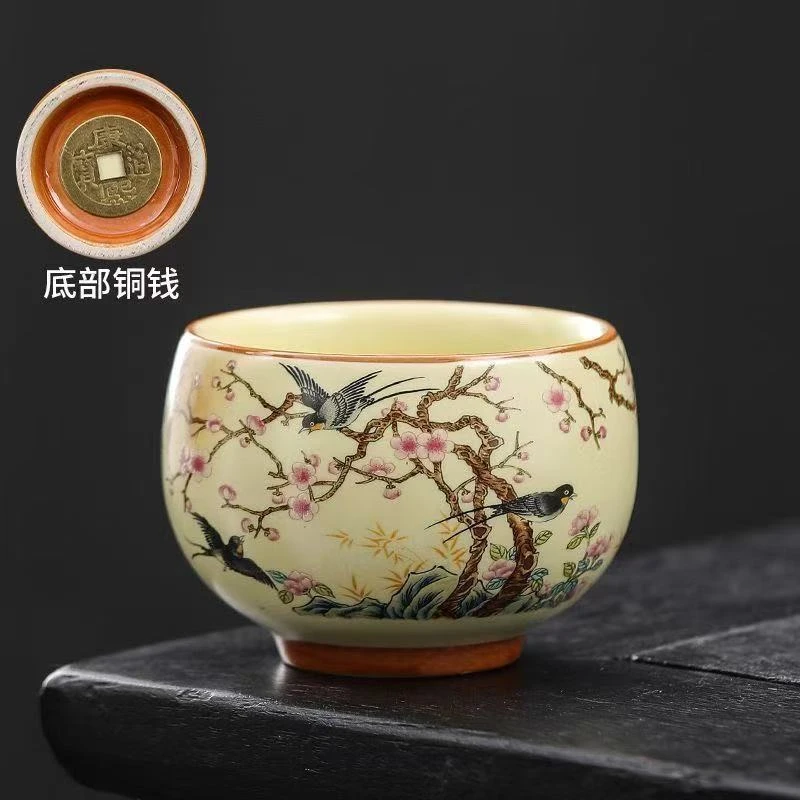 【新品铜钱杯福利】高端陶瓷茶杯网红铜钱底喜上眉梢茶杯主人杯家用
