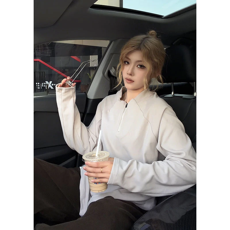 美式复古双面绒半拉链长袖T恤男女2025冬潮牌插肩袖立领运动上衣