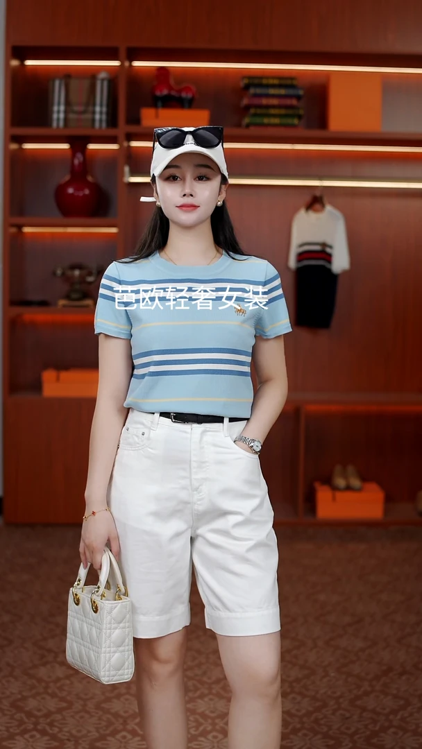 2025新款进口女士针织衫圆领短袖蓝色外套透气吸汗薄款