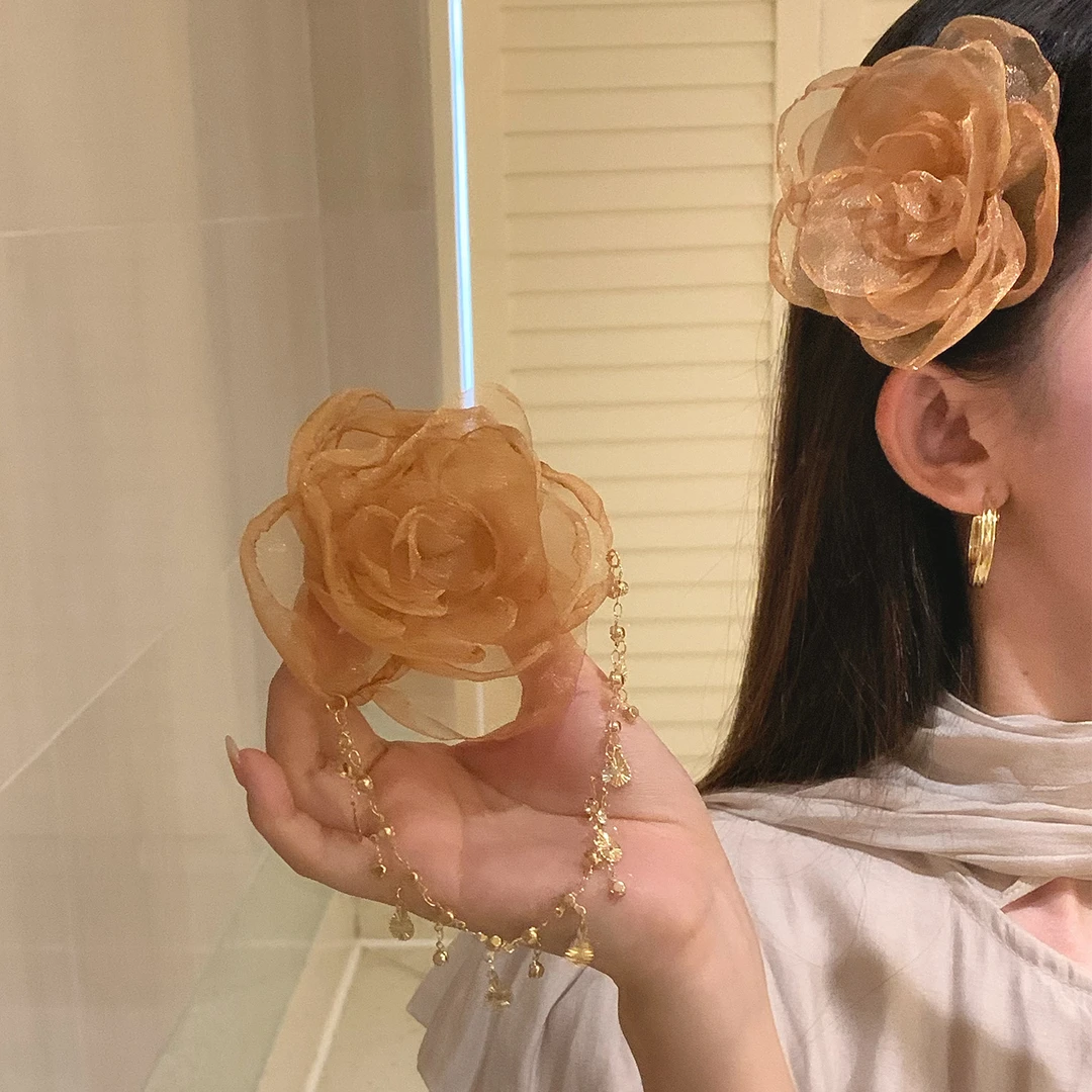 棕屿茶叙 中古风欧根纱山茶花发夹女侧边流苏发卡刘海夹边夹头饰