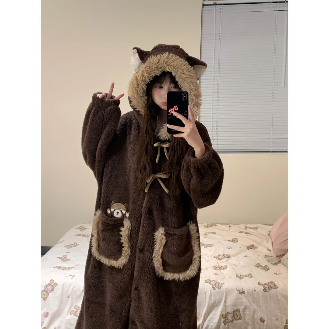 【小浣熊】卡通连帽珊瑚绒睡衣加厚可外穿2025新款秋冬季家居服睡袍
