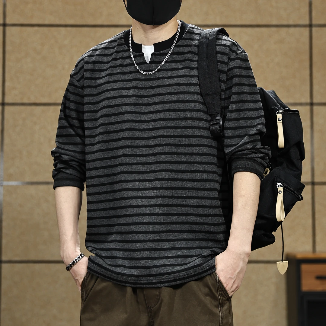 美式复古潮流条纹长袖t恤男秋季新款宽松海魂衫v领上衣男装打底衫