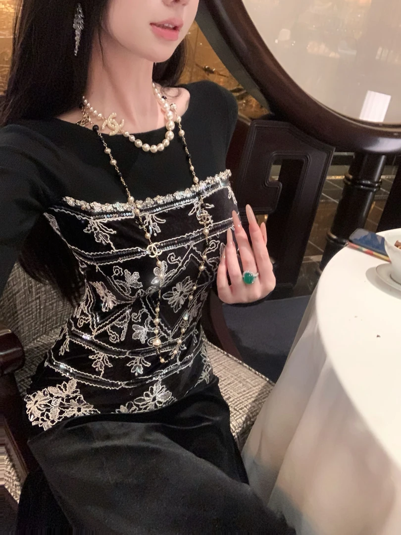 【雅乔定制】无边夜幕 重工针织丝绒拼接长袖连衣裙DYYK-25062497