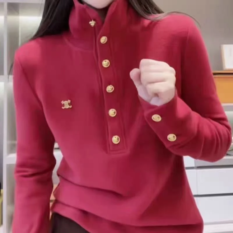 立领金纽扣德绒保暖T恤气质显瘦时尚长袖打底上衣秋冬新款女大码