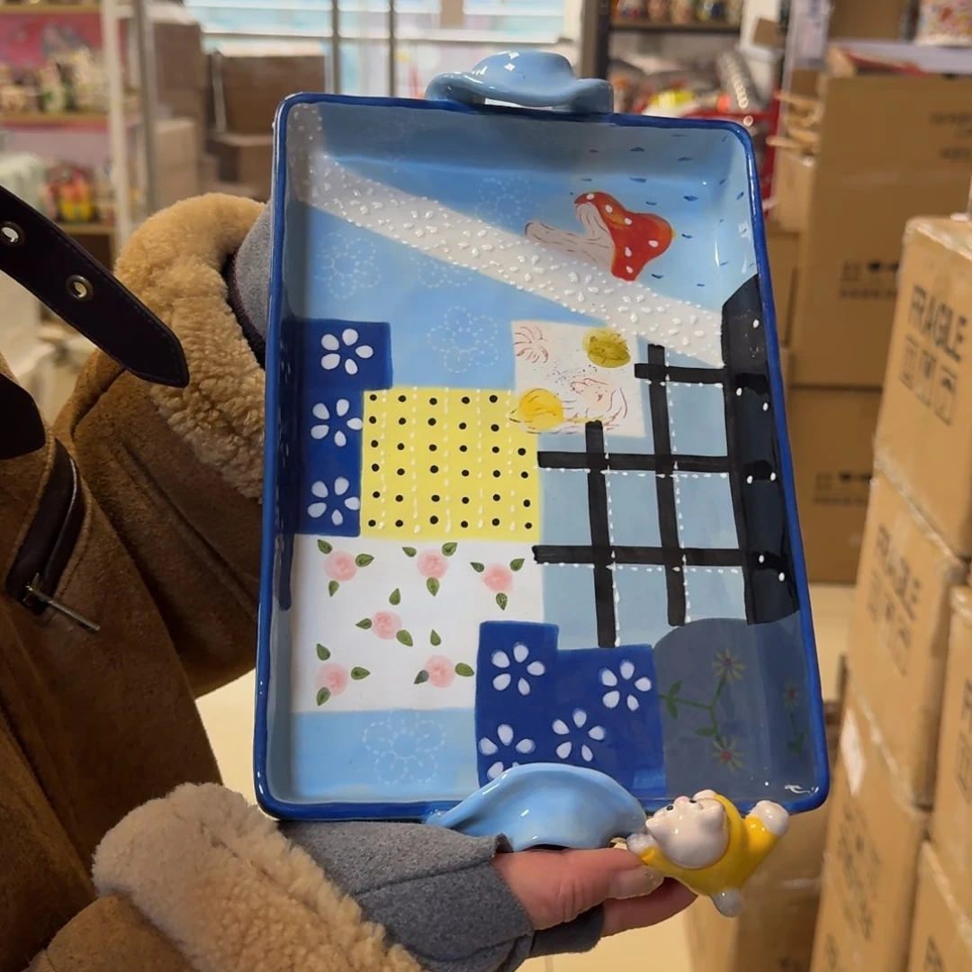 瓷片清仓蓝色双耳拼布烤盘1只