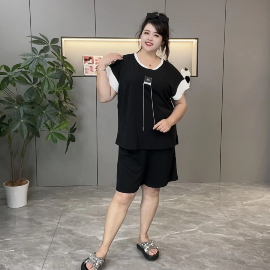 上衣➕短裤两件套2902大码套装260斤可穿休闲时尚气质百搭撞色