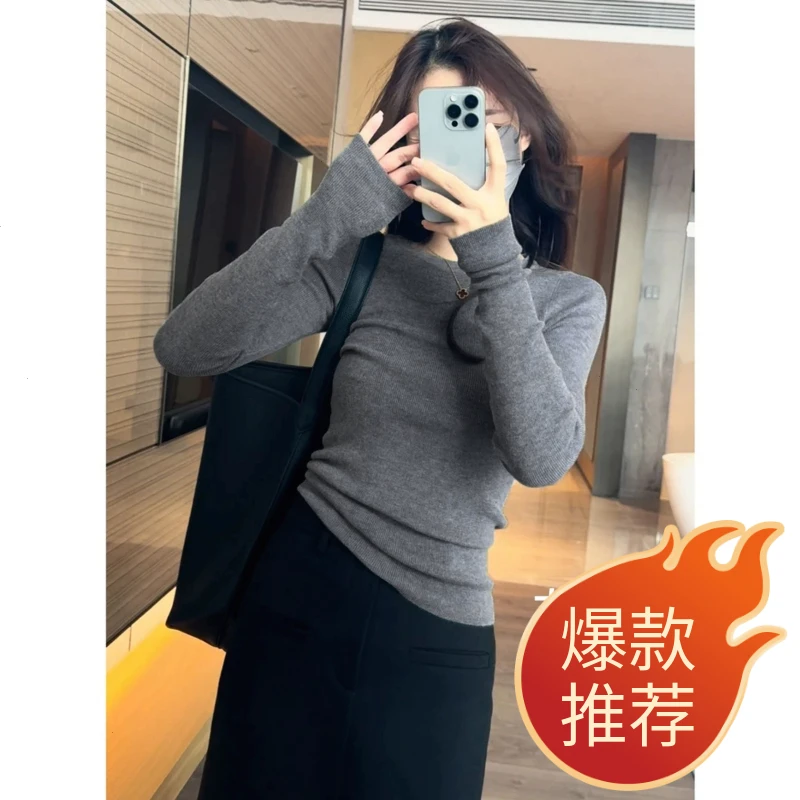 新款套头修身长袖针织衫女时尚2025年秋季简约圆领百搭打底衫