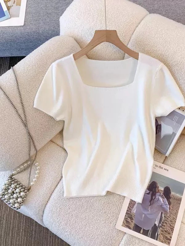 韩系温柔方领针织修身显瘦减龄别致短袖#3266