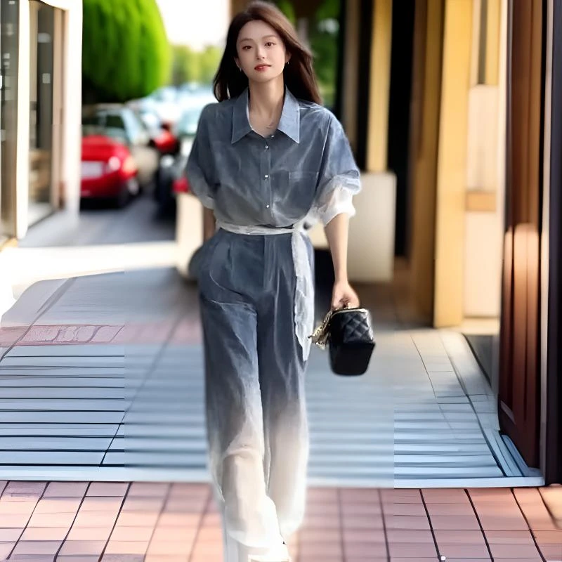 夏季2025薄款时尚牛仔套装蓝白渐变色短袖衬衫气质阔腿裤两件套女