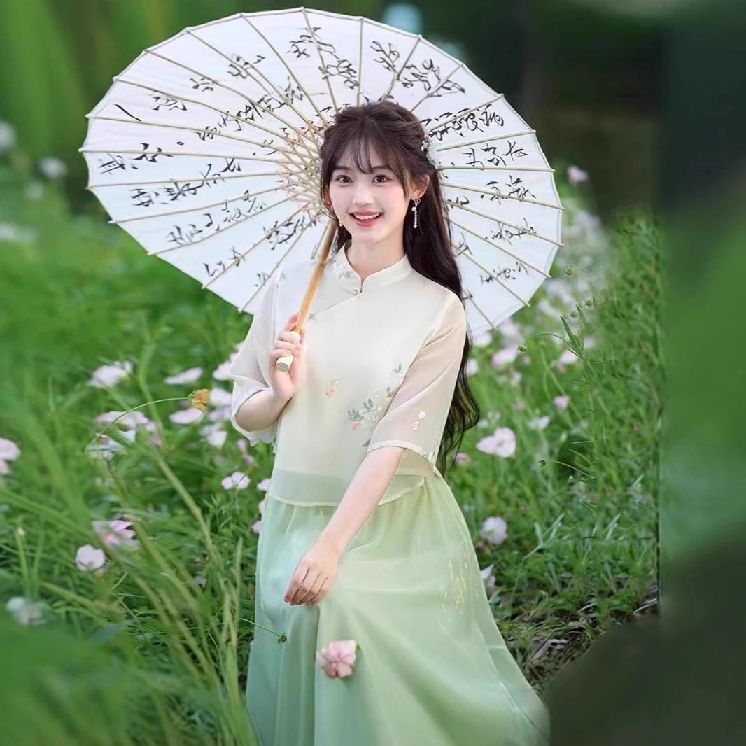 新款原创改良汉服夏季中式半身裙套装女装旗袍连衣裙薄荷茶艺服