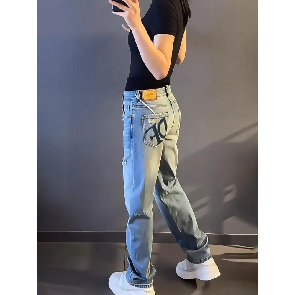 轻奢男装大码潮牌男士设计感百搭时尚新款牛仔裤字母阔腿休闲长裤