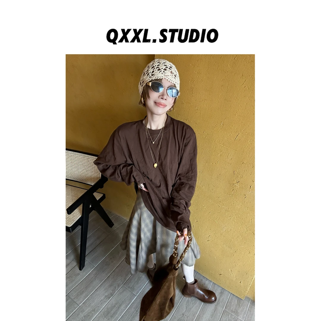 邱小小丽呀 早秋纯色圆领褶皱T恤女百搭休闲通勤简约长袖薄上衣