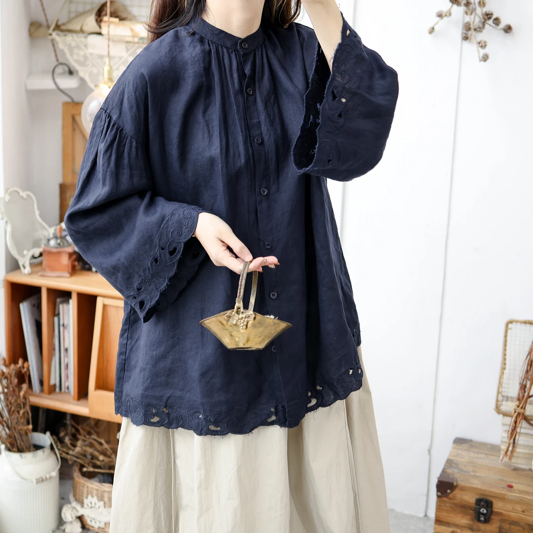 美村2025新款日系森系亚麻原创女装重工刺绣宽松减龄高端纯色衬