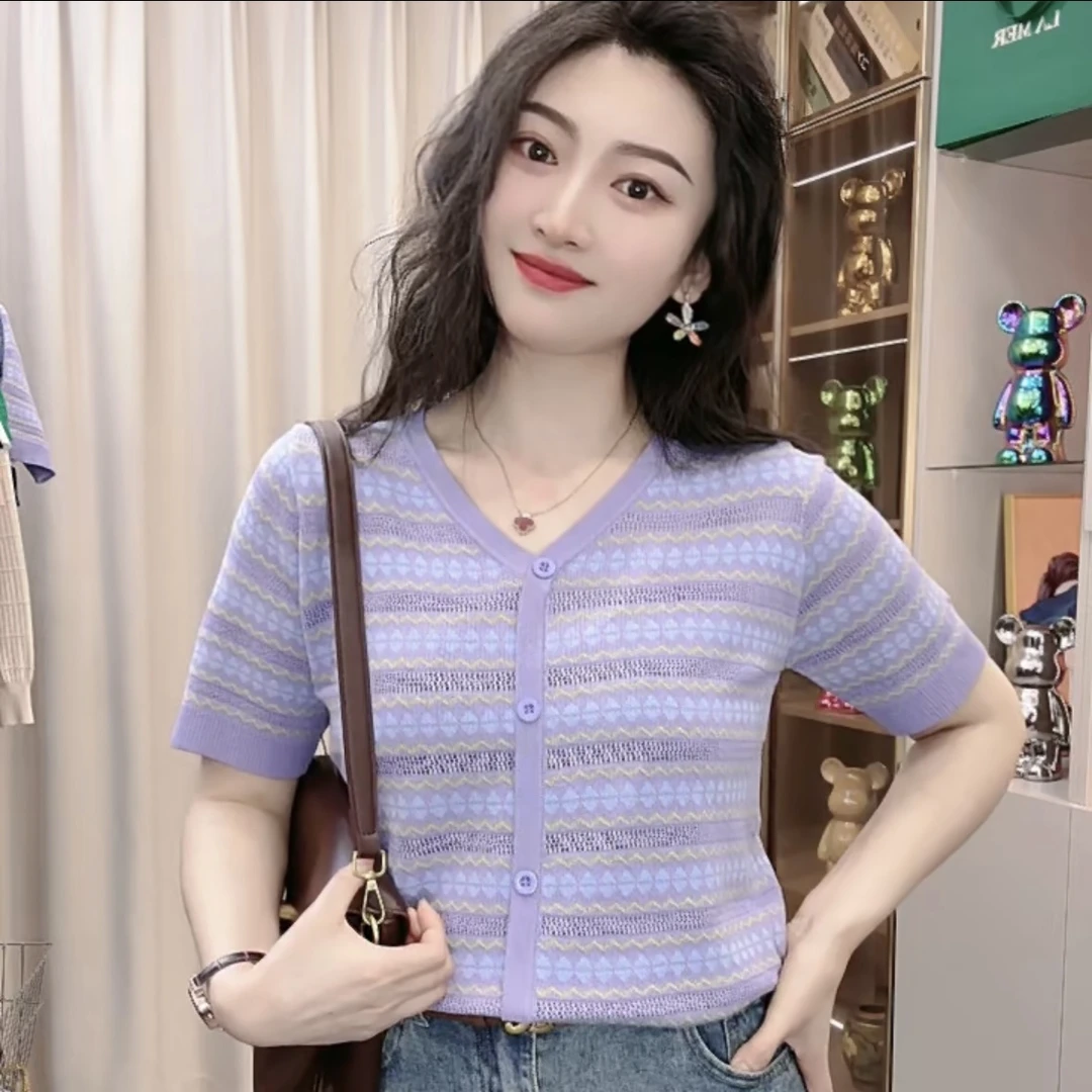 有运费补贴新款女士短袖t恤针织衫遮肚子上衣洋气减龄显瘦体恤衫