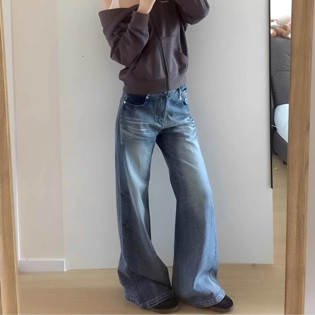 微胖mm韩版美式重工设计感牛仔裤女秋季新款宽松遮肉显瘦阔腿长裤