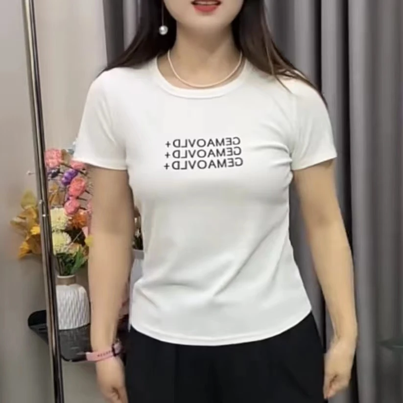 2025新款夏季女士短袖t恤洋气百搭显瘦遮肉时尚简约圆领半袖纯色