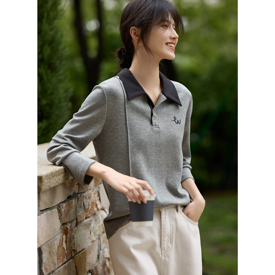 XWI/欣未撞色拼接刺绣polo领T恤2025秋季新款气质通勤休闲T恤9557