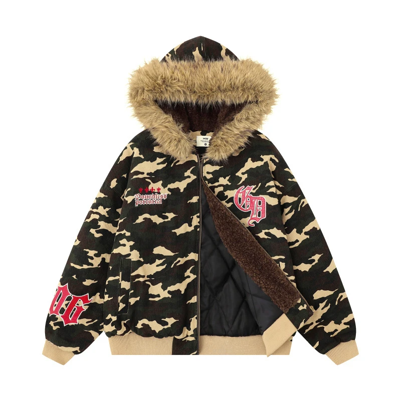 欧美街头嘻哈潮流个性迷彩复古做旧印花毛领连帽棉服外套中性棉衣