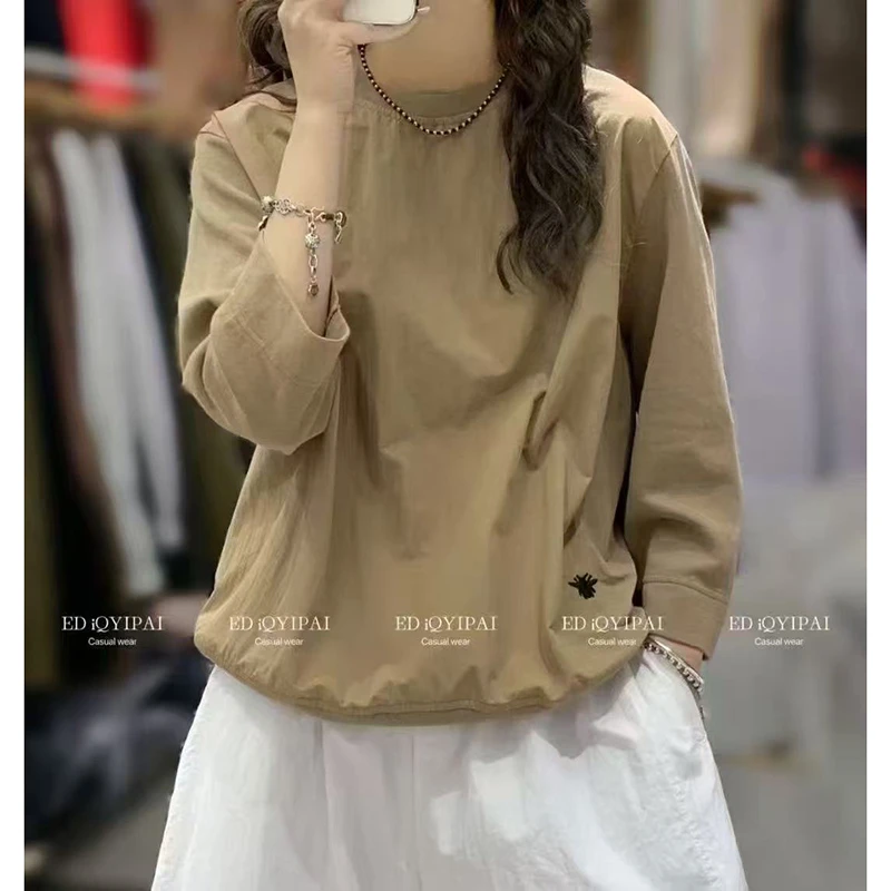 2025夏季新款宽松百搭七分袖圆领T恤韩版文艺纯色刺绣体恤上衣ins