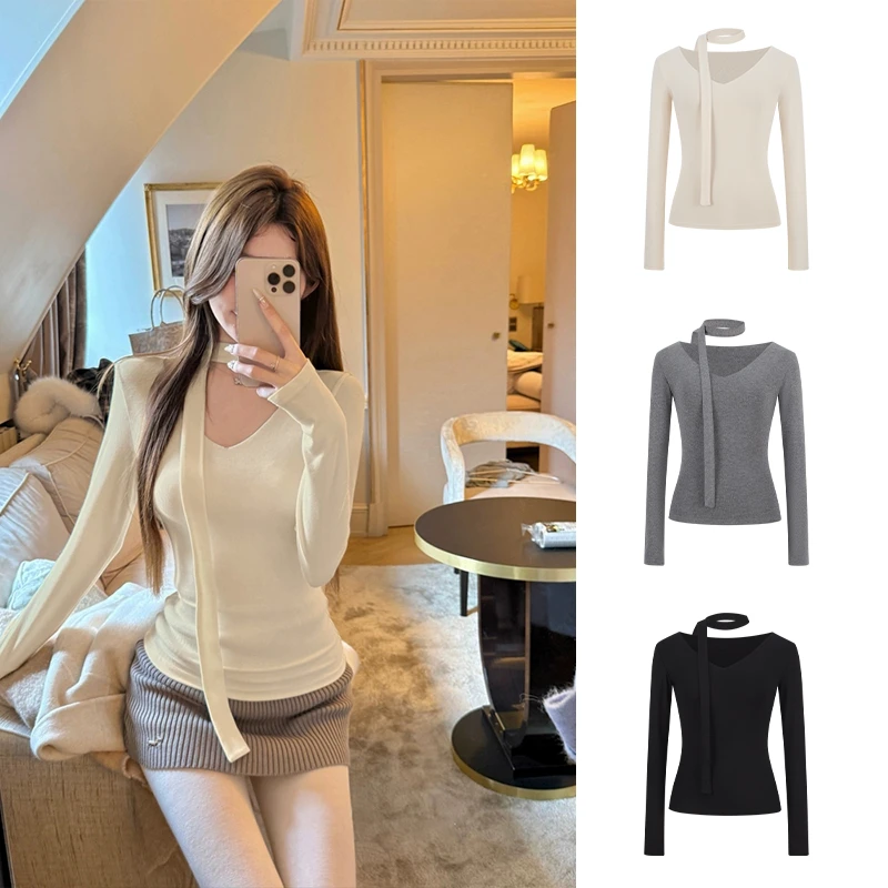 Moses Queen/魔西女王法式围脖飘带V领独特长袖T恤打底衫女春季