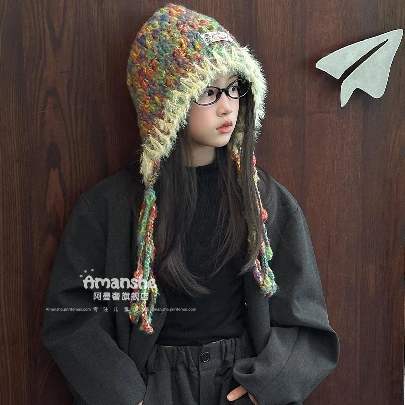 儿童毛线针织流苏帽女2025新款秋冬保暖护耳显脸小百搭上学防风帽