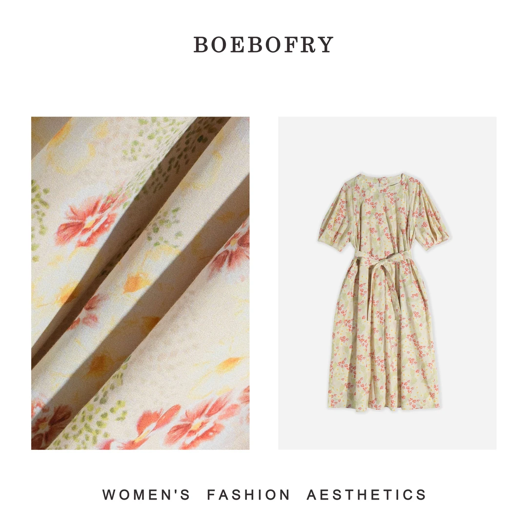 BOEBOFRY<浪漫法式>100%棉腰带圆领A型碎花女装连衣裙BD2L0394