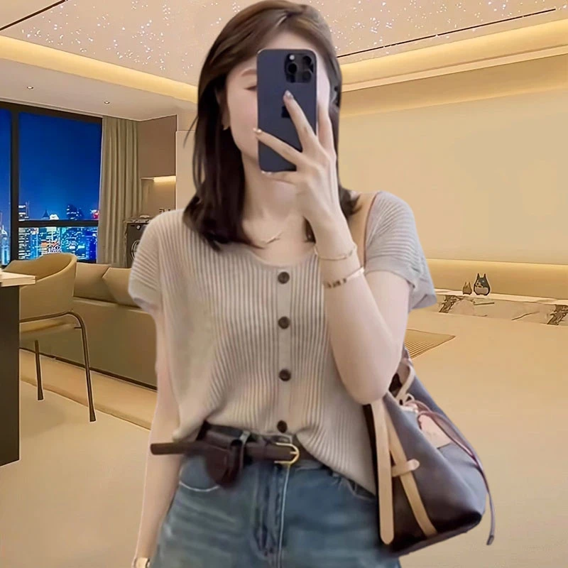 冰丝薄款短袖针织衫女2025新款夏季宽松显瘦时尚洋气短款针织上衣