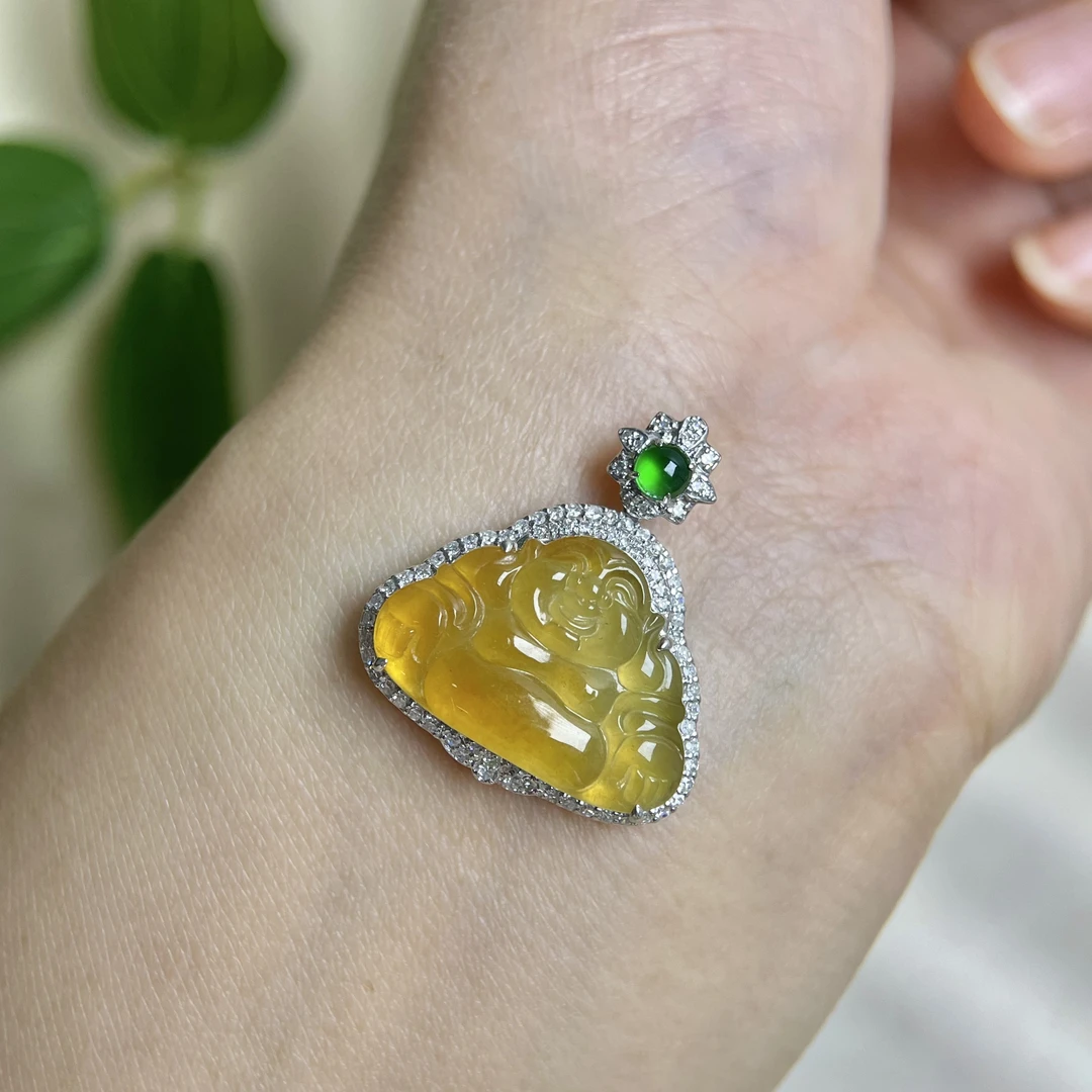 天然A货翡翠高冰种佛公吊坠18k金南非真钻镶嵌项链气质精美款