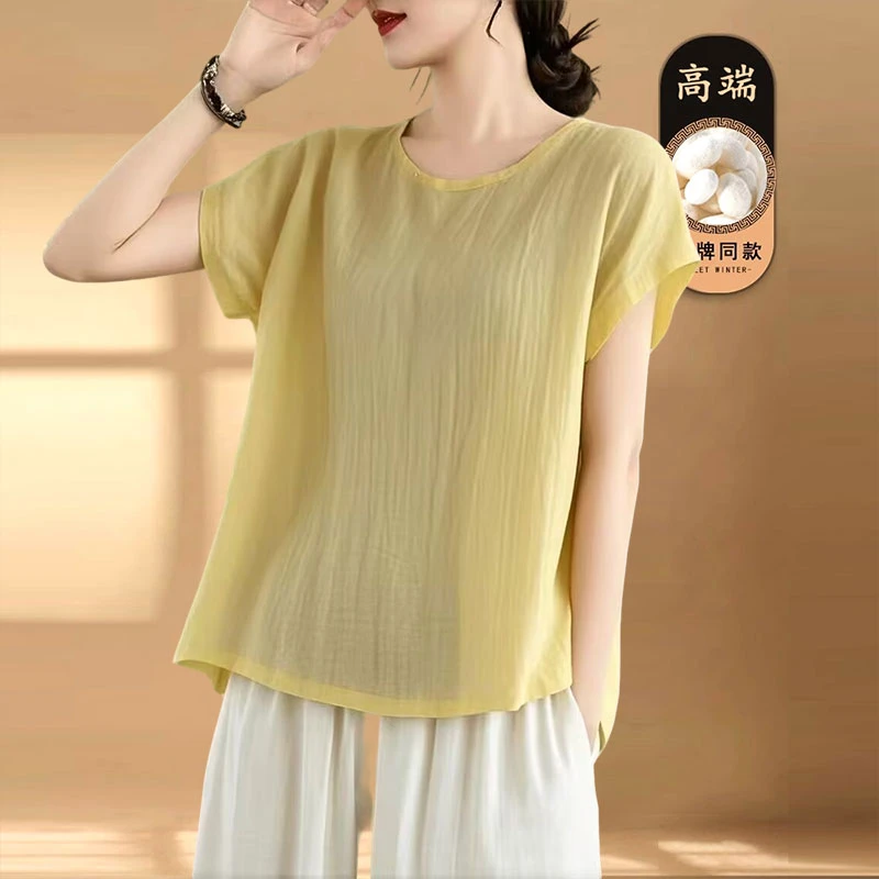 亚麻夏季复古纯色短袖T恤女2025新款显瘦宽松百搭圆领休闲上衣女