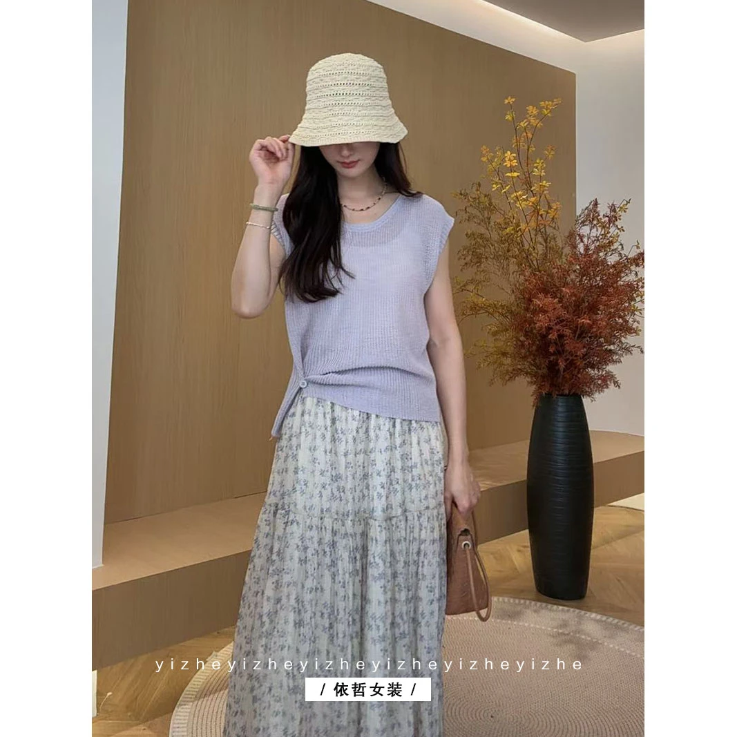 "斜扣针织t"女短袖气质夏季小众设计感