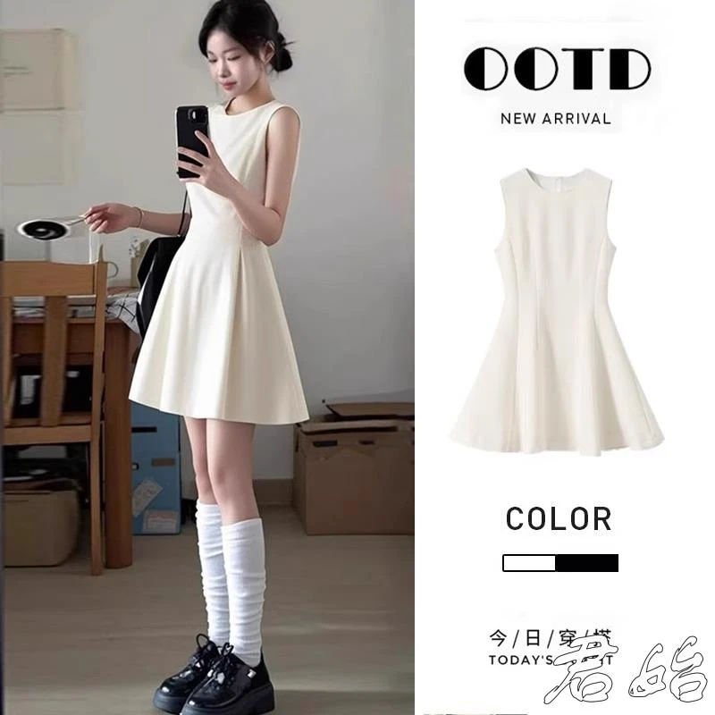 白色无袖连衣裙女2025新款夏季流行短裙子掐腰收腰气质法式晚礼服