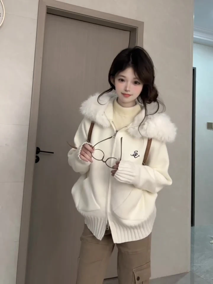 软糯慵懒风温柔连帽毛领针织衫外套女秋冬季新款休闲百搭开衫毛衣