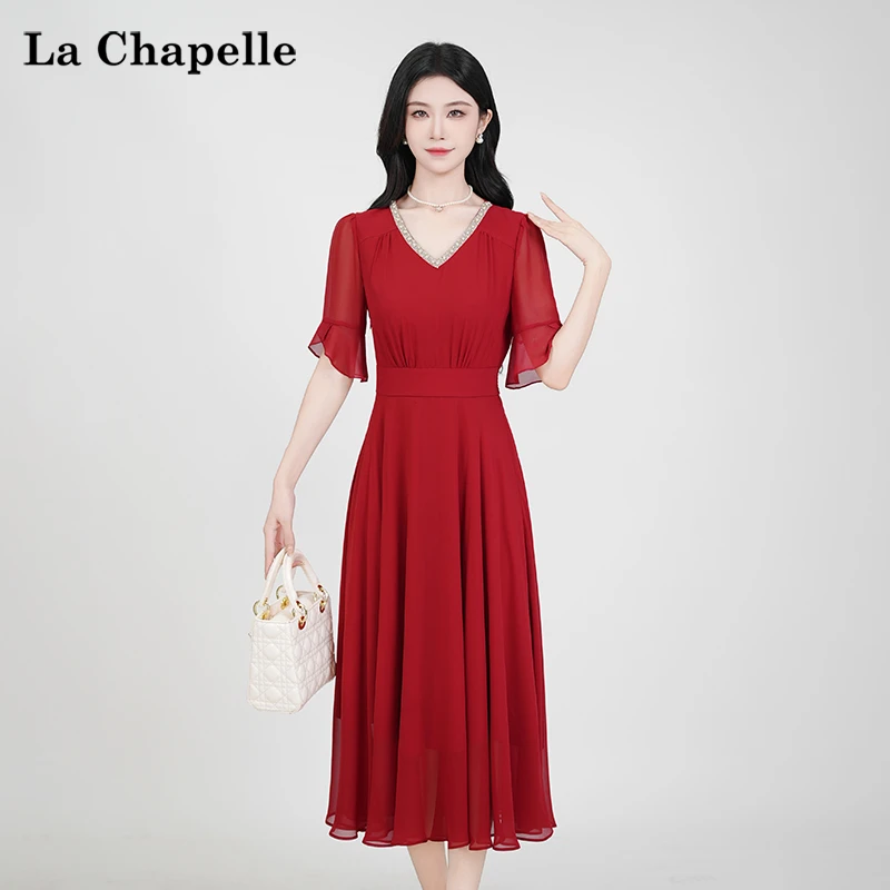 【拉夏贝尔】夏季法式设计感显瘦松紧腰短袖裙子女收腰连衣裙