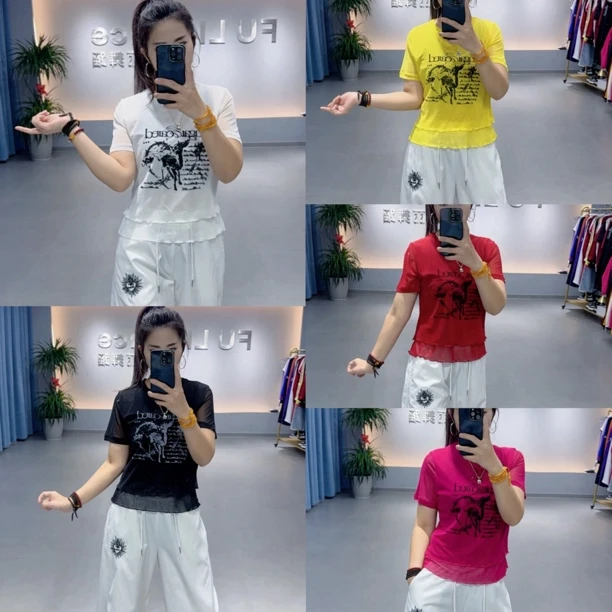 D新品2436款夏季双层透气防透网纱短袖