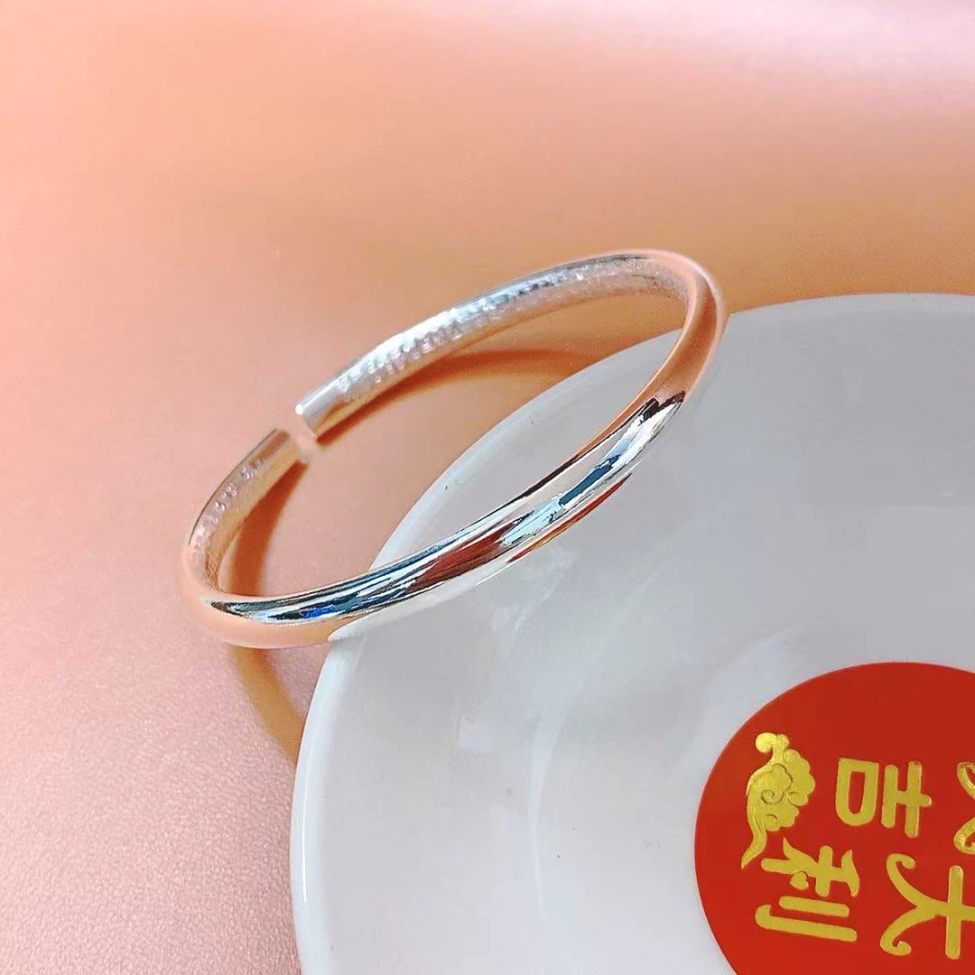 足银手镯 光面古法传承心经开口可调节手镯