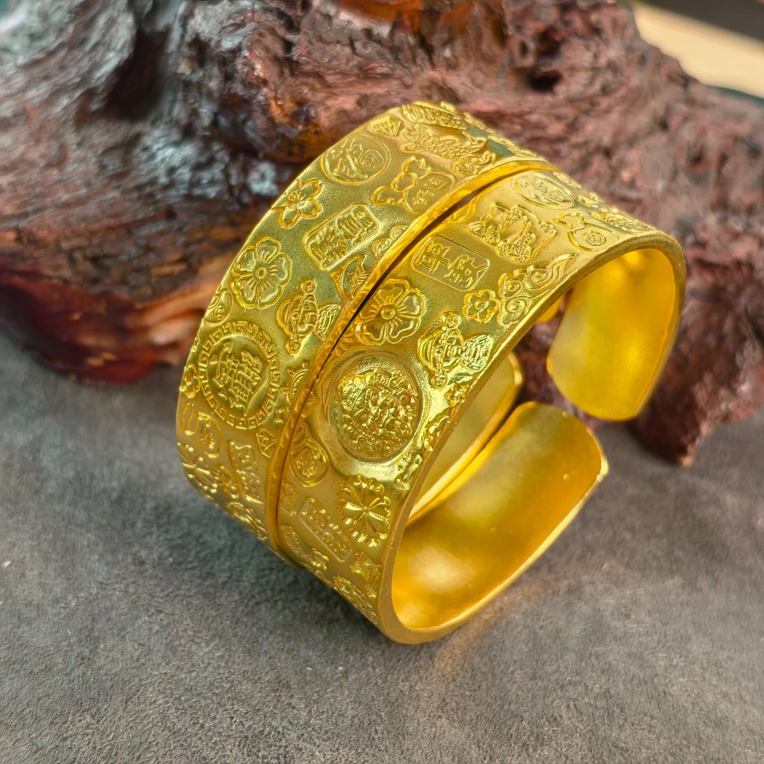 足银手镯 招财进宝黄财神15MM纯手工打造簪刻百搭时尚