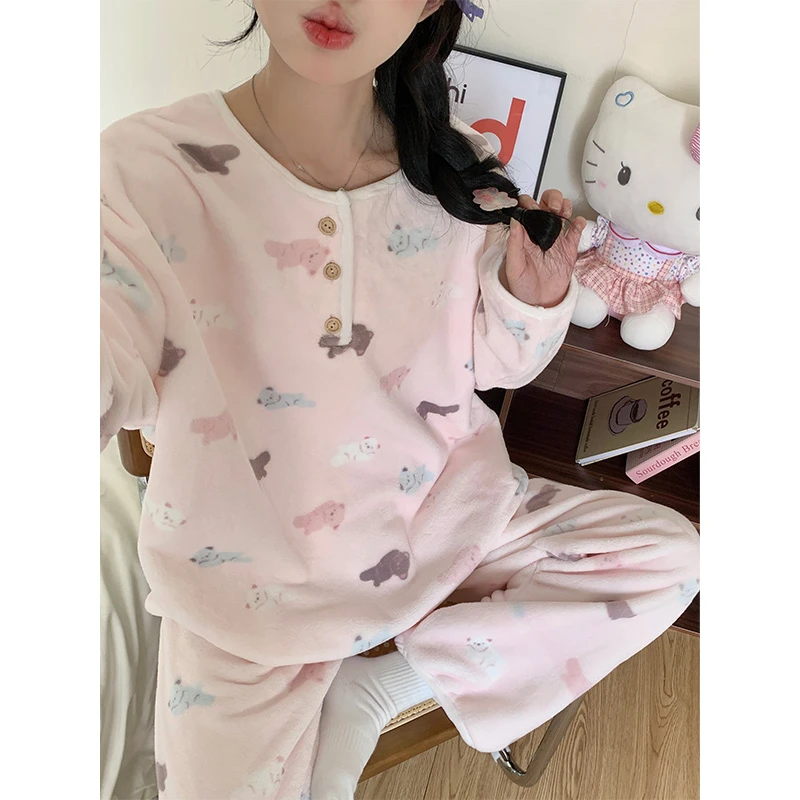 法兰绒睡衣女款冬季爆款长袖圆领套装加绒加厚保暖可爱甜美家居服