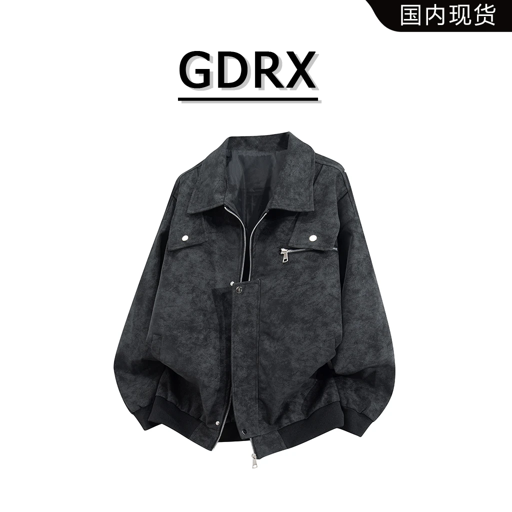 GDRX美式复古工装PU夹克外套男士秋季新款设计感宽松休闲翻领皮衣
