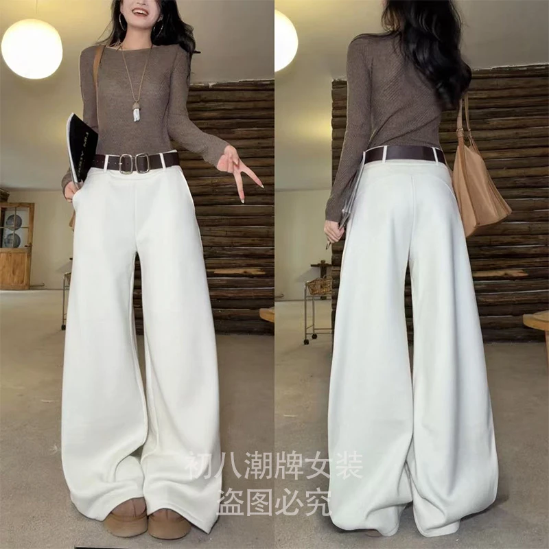 62116加绒加厚毛呢休闲裤2025年冬季新款宽松直筒纯色百搭长裤女