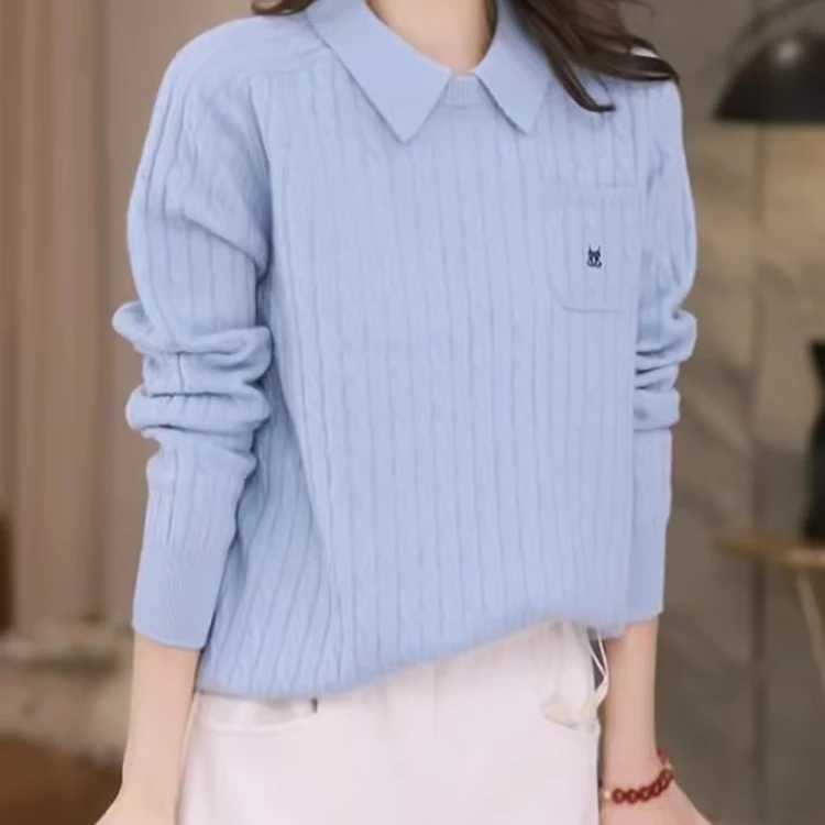 翻领针织衫女2025年初春新款纯色套头毛衣麻花纹显瘦百搭长袖上衣