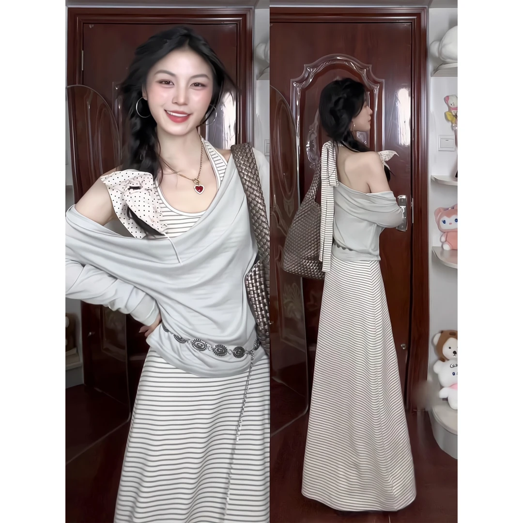 秋季新款慵懒风高级感极简时髦连衣裙长裙条纹挂脖裙荡领上衣套装