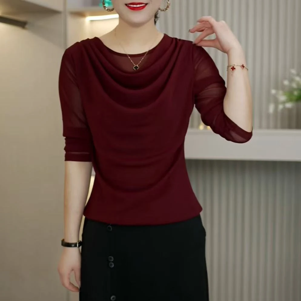 早秋新品长袖堆堆领打底衫百搭女上衣高弹力网纱显瘦遮肉款妈妈装
