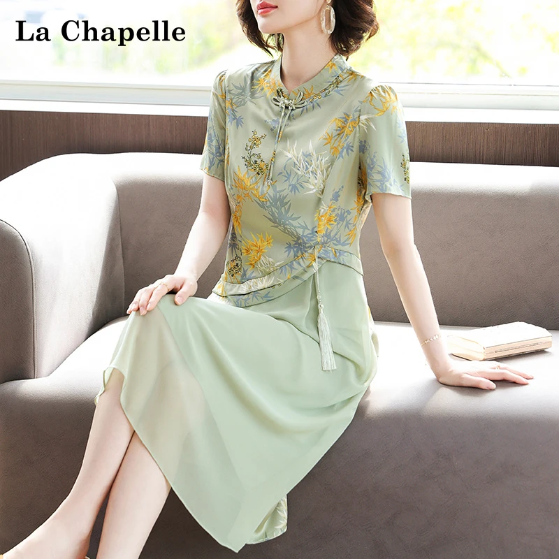 拉夏贝尔新中式妈妈夏装高贵旗袍连衣裙中老年女装雪纺短袖长裙子