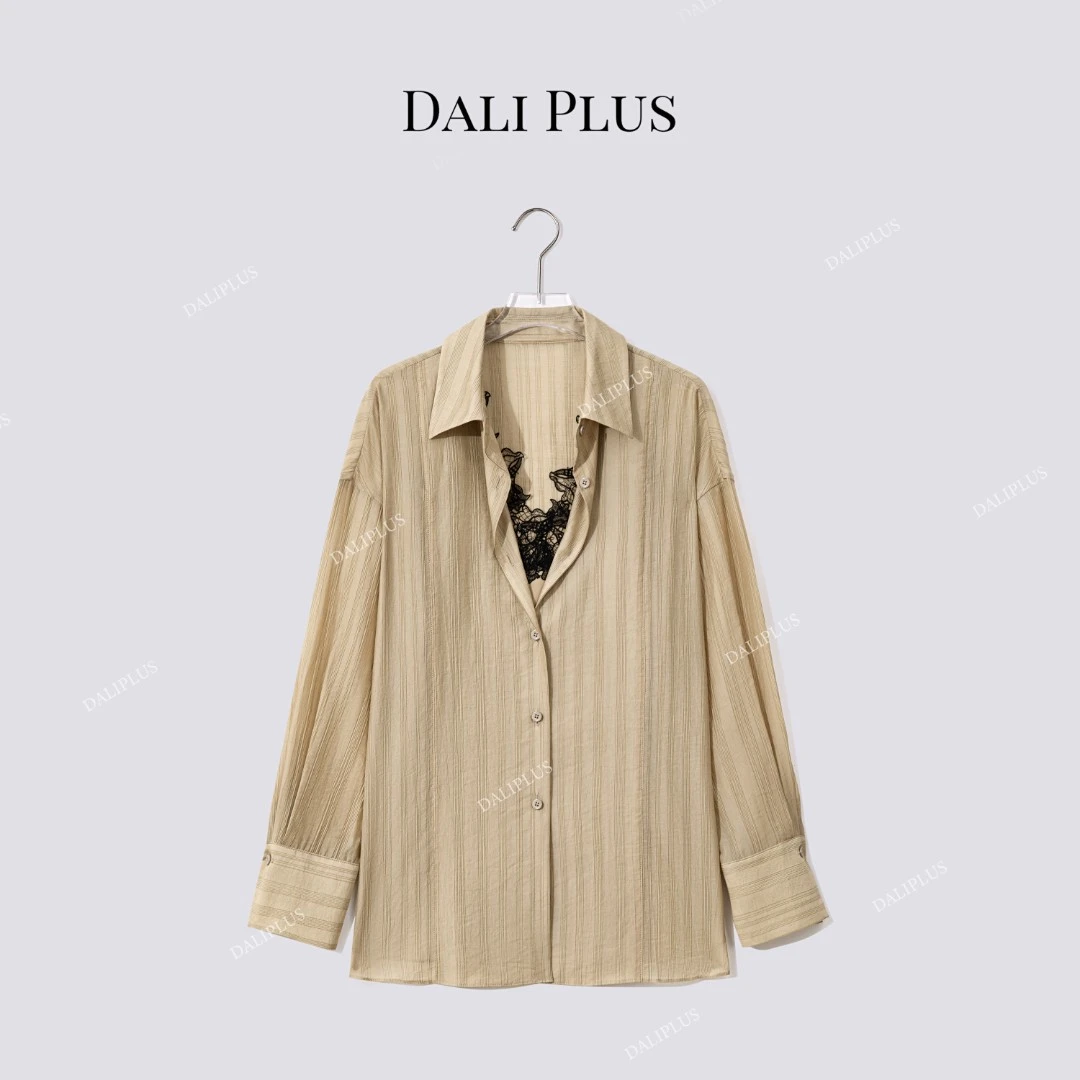 DALI PLUS“松弛浪漫主义”重磅天丝假两件条纹蕾丝衬衫-D5CH4210