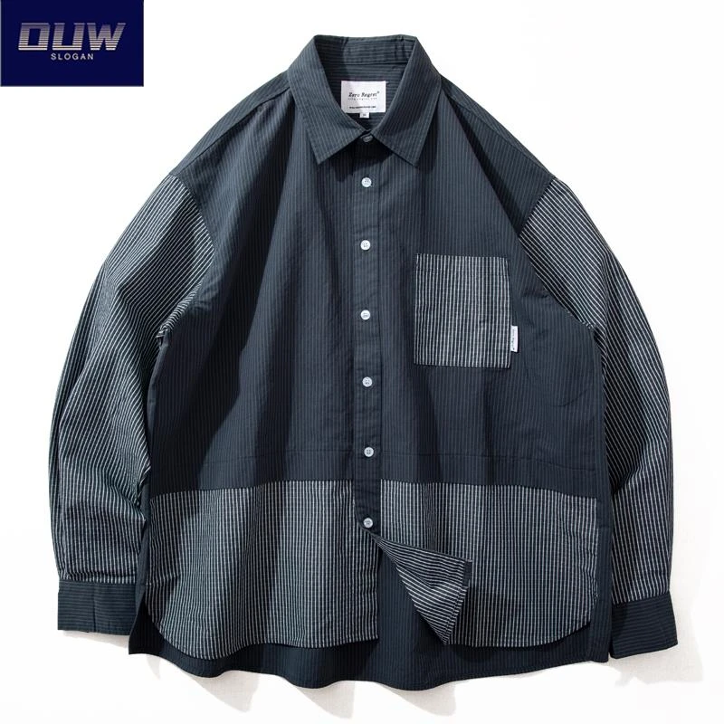 O.U.W男士初秋上衣长袖宽松外穿休闲衬衣日系条纹拼接衬衫外套ins