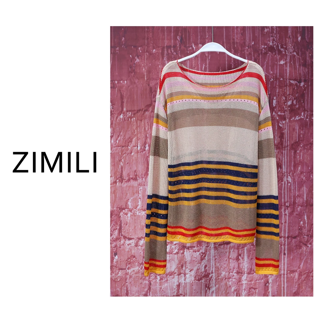 【亮哥女装】2025橙色撞色条纹镂空微透防晒针织衫7883