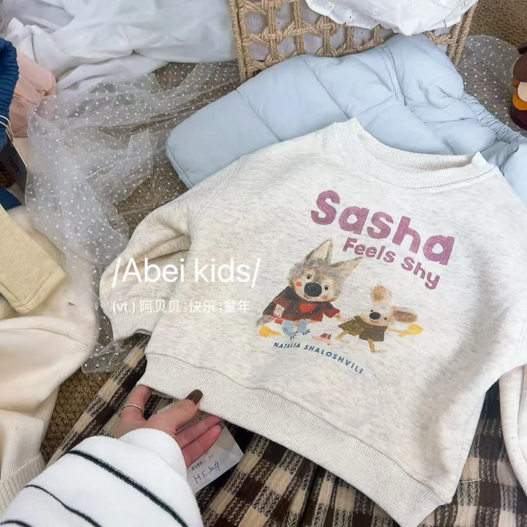 【K7】呆萌范616灰色卡通加厚绒卫衣 童装